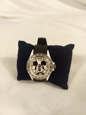 Disney NOS Rhinestone Mickey Mouse Watch Black & White Rubber Band